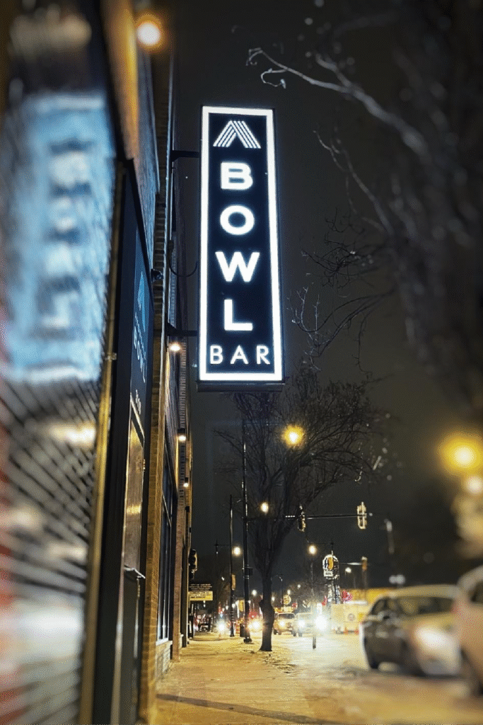 Lightbox sign for Avondale Bowl Chicago by SignFreaks, lighting up retro venue.