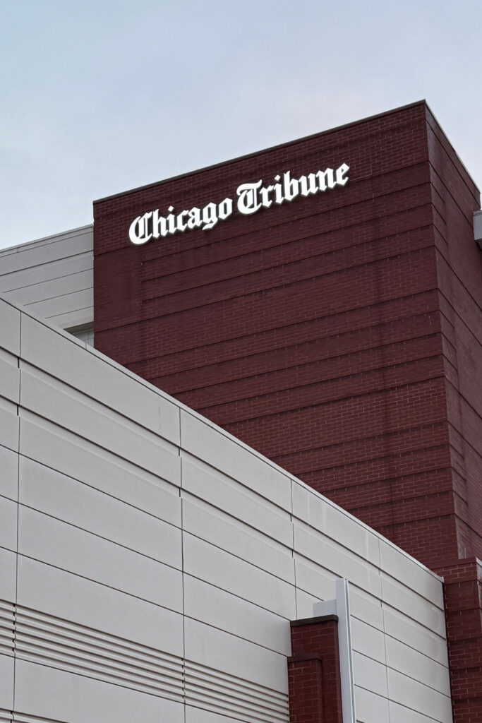Channel letters for Chicago Tribune by SignFreaks, boosting newspaper building signage.