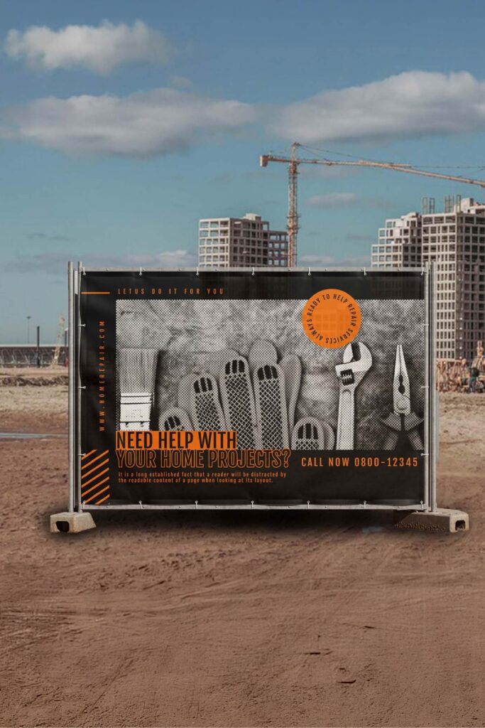 Mesh banner at construction site in Chicago by SignFreaks, promoting project visibility.