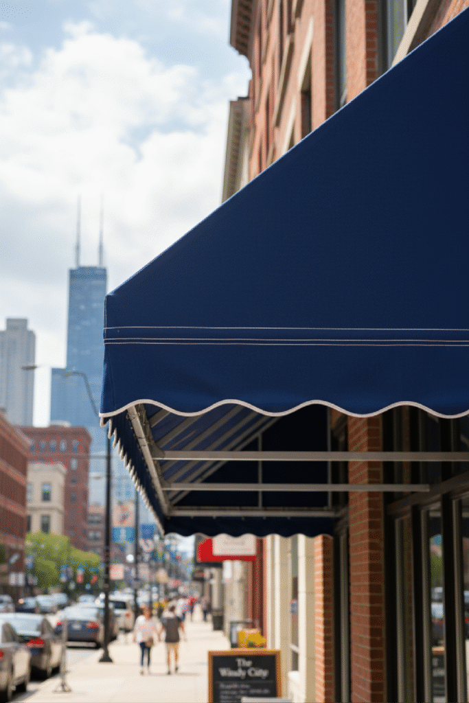 Custom patio awning Chicago by SignFreaks, enhancing outdoor seating areas.