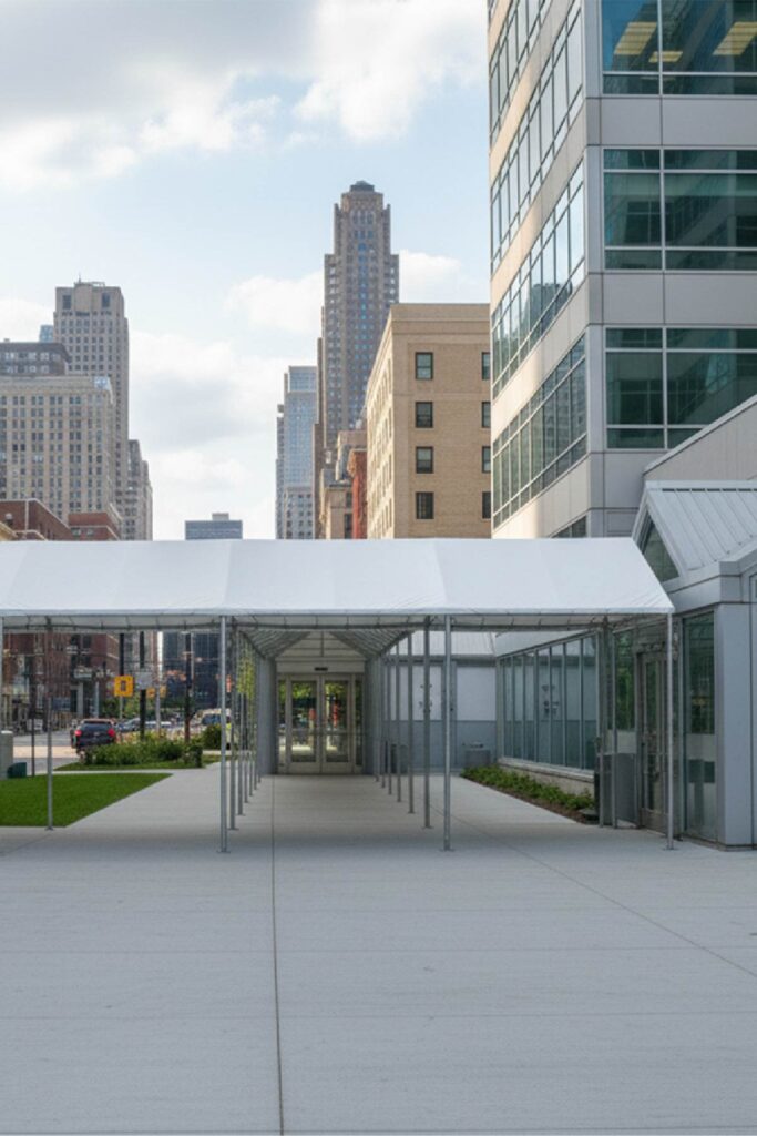 Walkway canopy in Chicago by SignFreaks, providing shade and protection for visitors.